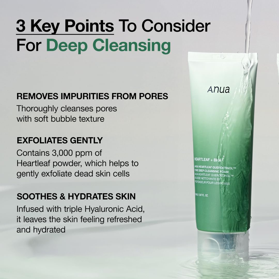 Anua Heartleaf Quercetinol Pore Deep Cleansing Foam, Face wash for Pore Refining Cleanser, Hydrating Daily Facial Cleanser For Double Cleansing, Gentle Foaming with BHA, Korean Skincare, 5.07 fl.oz. - Image 3