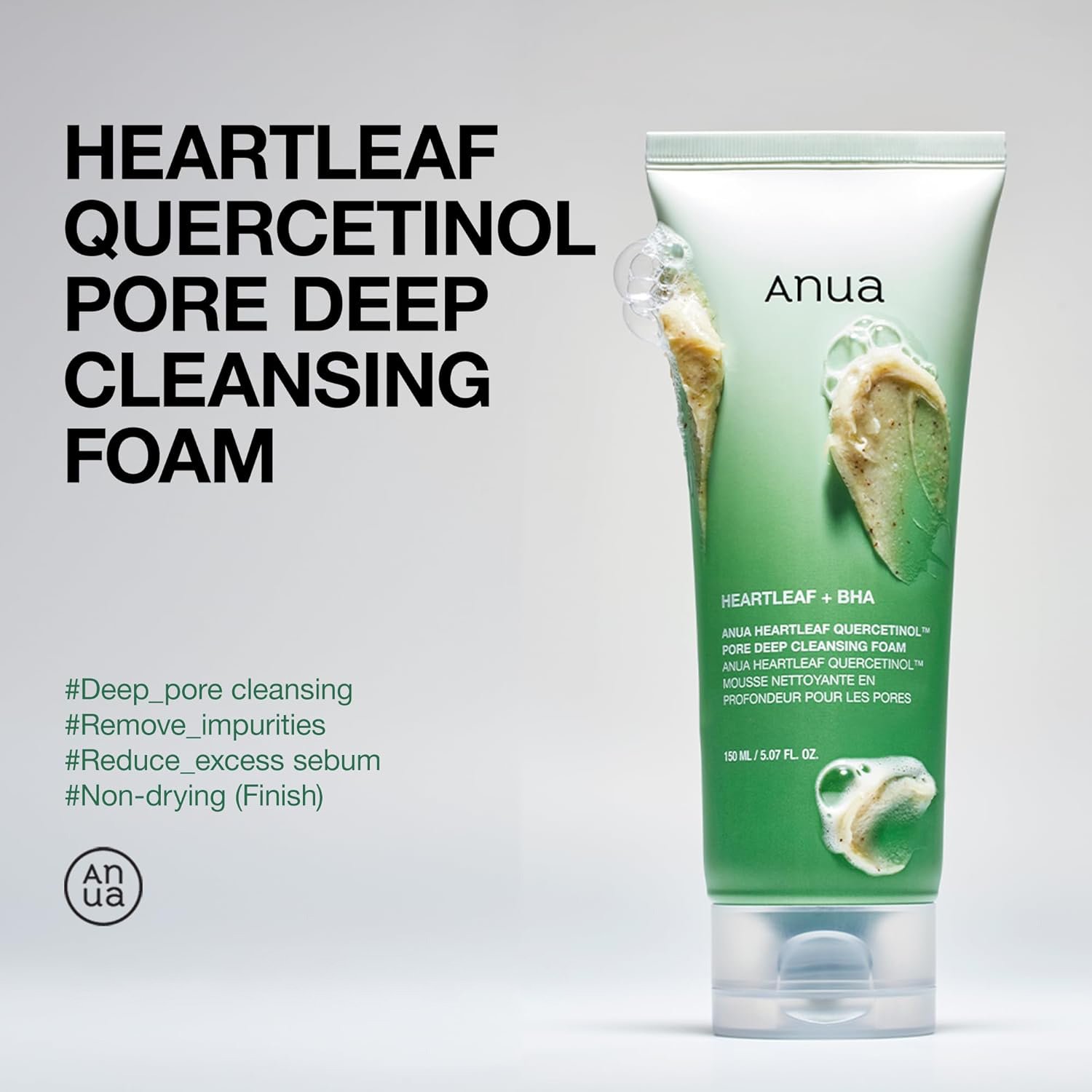 Anua Heartleaf Quercetinol Pore Deep Cleansing Foam, Face wash for Pore Refining Cleanser, Hydrating Daily Facial Cleanser For Double Cleansing, Gentle Foaming with BHA, Korean Skincare, 5.07 fl.oz. - Image 2